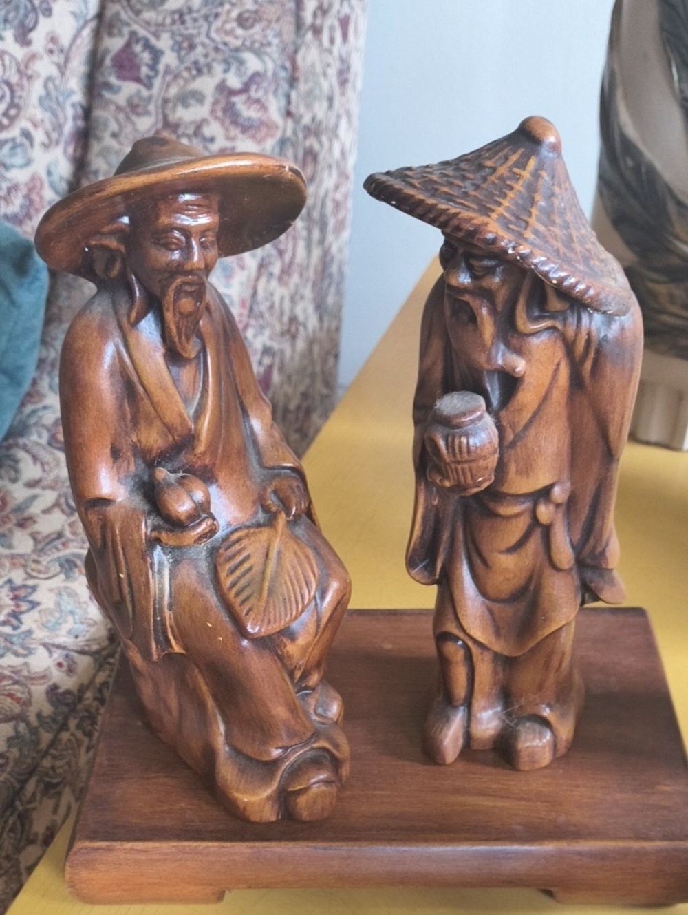 Vintage Pair Of 8in. Chinese Mudmen, Pedestal, Faux Wood Finish Arnel's